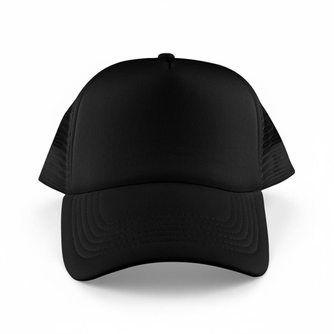 A black 5 panel trucker mesh cap with a solid front and mesh side panels, featuring a logo.