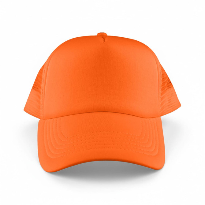 An orange Classic 5 Panel Trucker Mesh Cap with a solid front and mesh sides, featuring a logo.