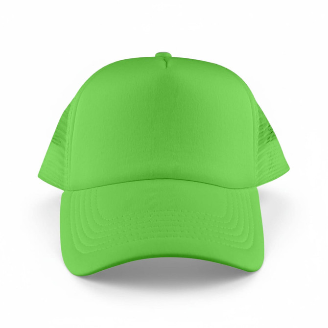 A bright green Classic 5 Panel Trucker Mesh Cap with a solid front and mesh sides. It features a logo.