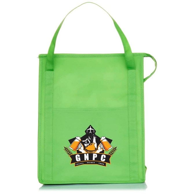 A green insulated grocery tote with a logo on the front and two sturdy handles for carrying.