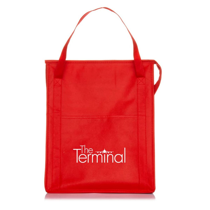 A red insulated grocery tote with two handles and a logo on the front.