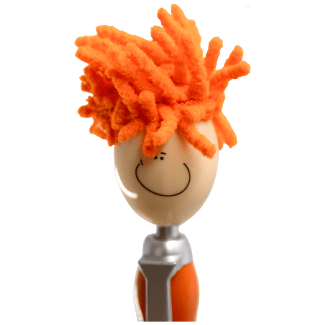 An orange mop head pen with a smiling face, featuring fluffy orange strands for hair and a silver clip.