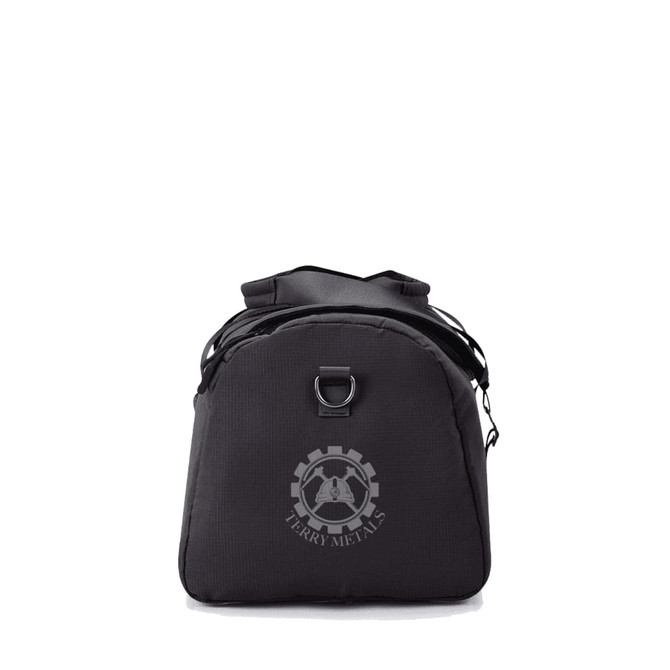 A black duffle bag with a rounded top and a logo feature. Includes a handle and shoulder strap.
