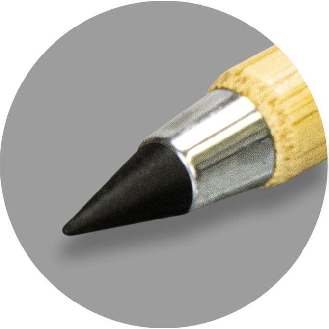 A bamboo pen with a silver tip and a black writing point, set against a grey circular background.