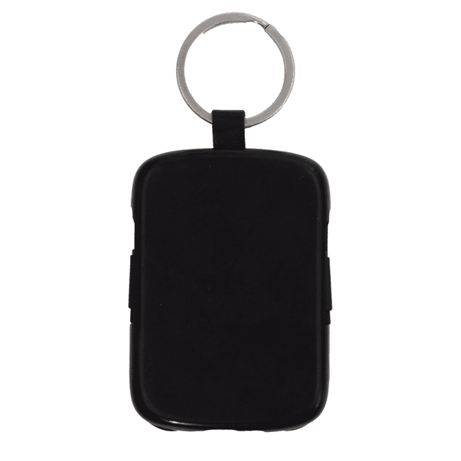 A black keychain power bank with a silver ring, featuring a smooth finish and compact design.