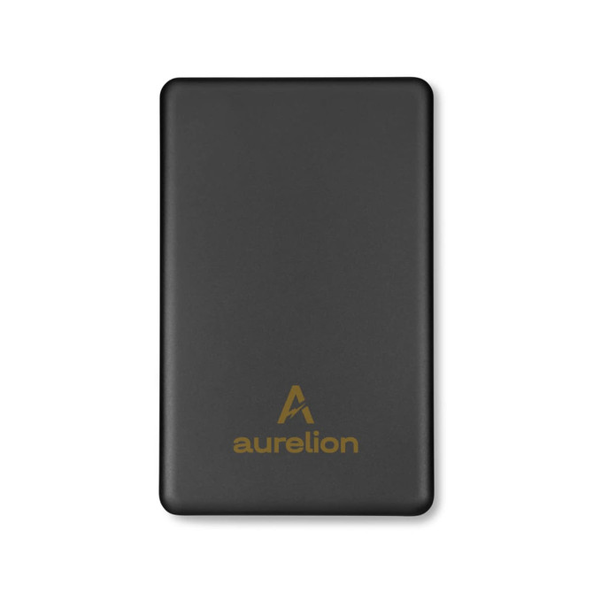 A solid black power bank with a gold logo on the front. Compact and portable design for charging devices.
