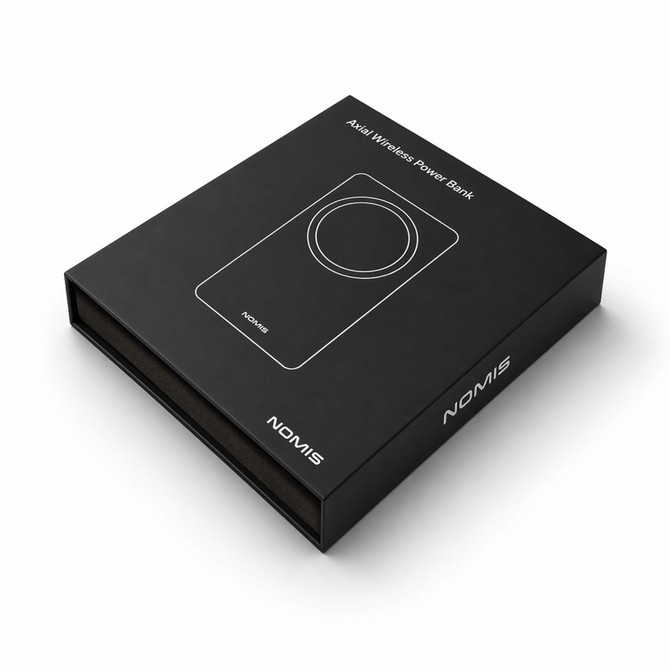 A black box with a simple outline of a power bank on top, featuring a logo on the side.