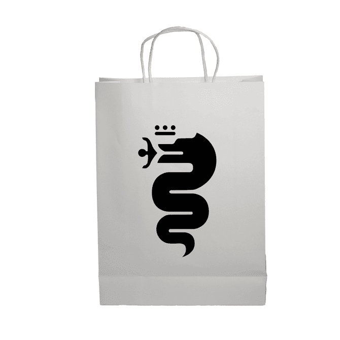 A white paper bag featuring a black snake design and a logo at the top.