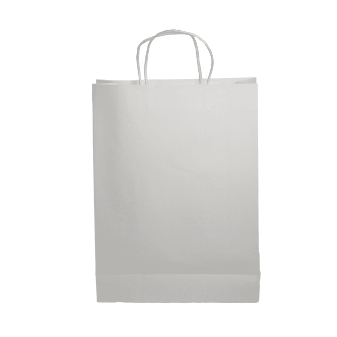 A plain white paper bag with handles and a flat base, featuring a simple design and an included logo.