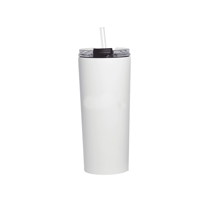 A drink bottle with a sleek white exterior and a black lid featuring a straw, showcasing a modern design.