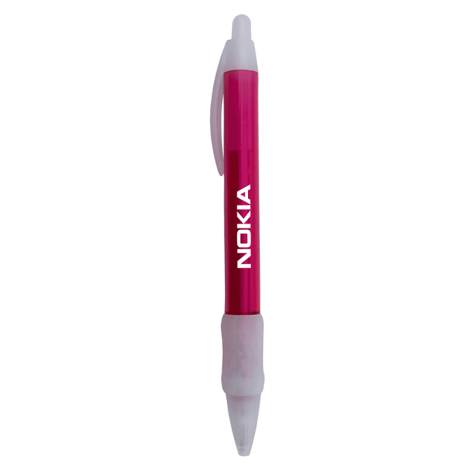 A pink and white plastic pen with a logo, featuring a wide body design for comfortable grip.