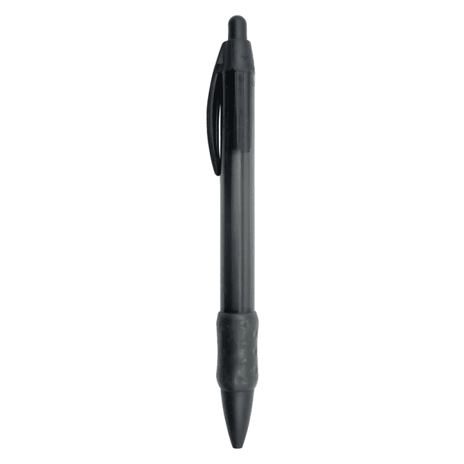 A black plastic pen with a textured grip and a clip, featuring a transparent body and a rounded tip.