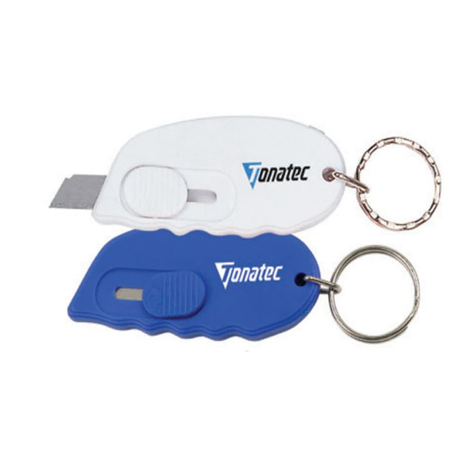 A blue and white plastic letter opener with a keyring attachment, featuring a logo on each side.