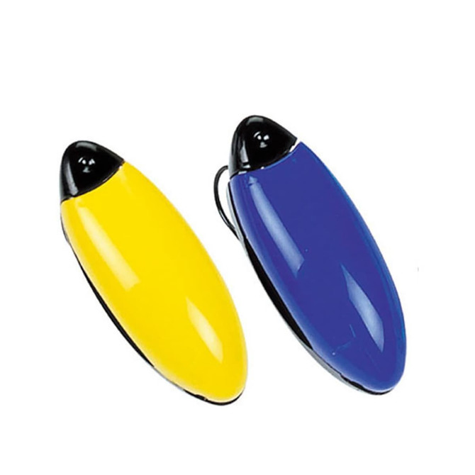 A pair of sleek sunglasses holders in yellow and blue, featuring black accents, with a logo visible on one.