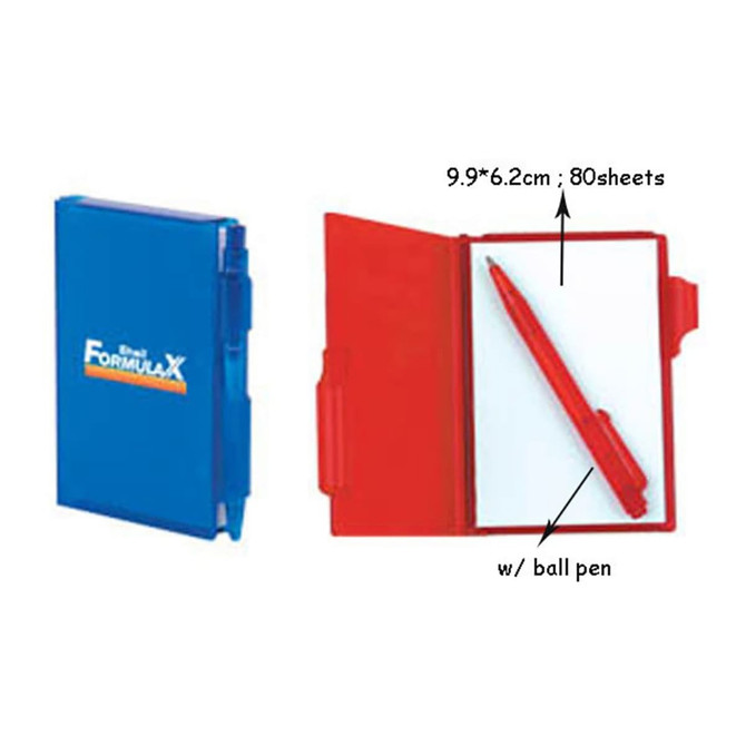 A blue memo holder with a red ball pen, featuring 80 sheets of paper inside. The holder has a logo on the front.