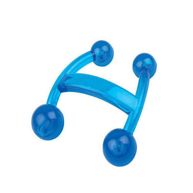A blue massager with a curved handle and rounded ends, designed for personal health and wellness.