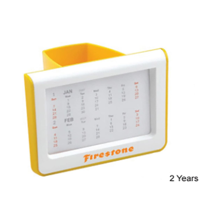 A yellow and white pen holder featuring a two-year calendar and a logo at the bottom.