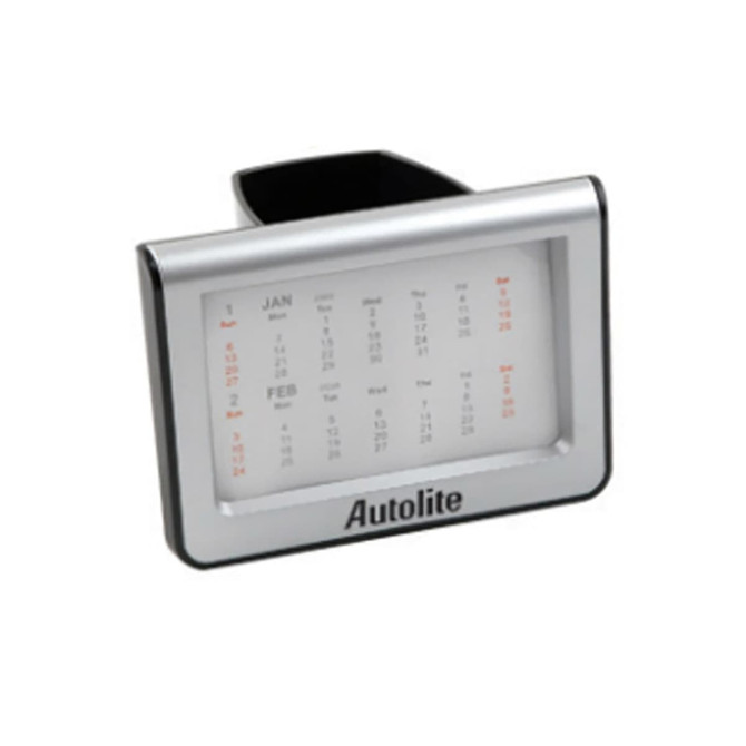 A silver pen holder featuring a calendar display for January and February. It has a branding logo on the front.