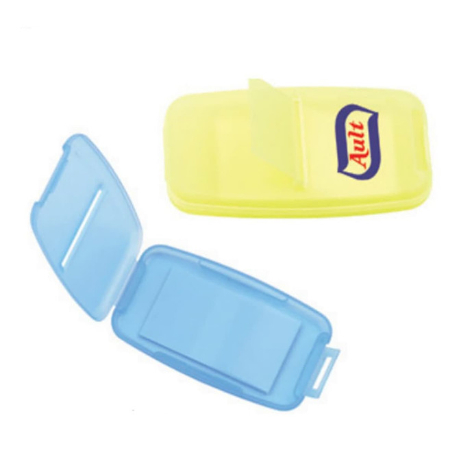 A set of yellow and blue sticky note dispensers, one open to reveal the notes inside, featuring a logo.