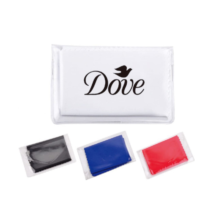 A white pouch containing three small cleaning cloths in black, blue, and red, with a logo on the pouch.