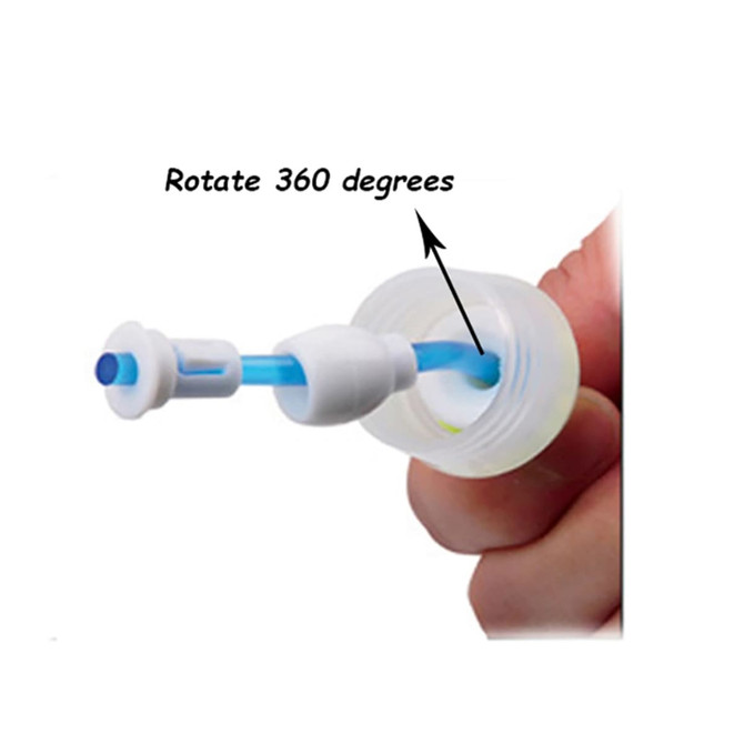 A close-up of a white and blue dispensing nozzle with a rotating mechanism. The nozzle is attached to a container.