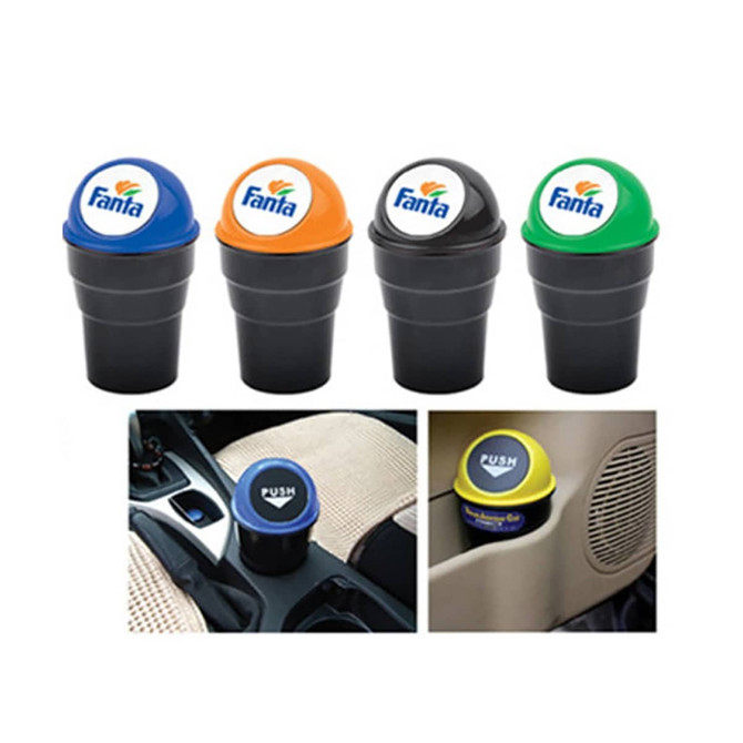 A set of four coloured dustbins for cars, featuring orange, black, green, and blue lids with logos.