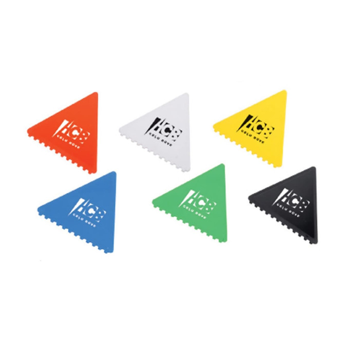 A set of eight triangle-shaped ice scrapers in red, white, yellow, black, green, and orange, featuring branding.