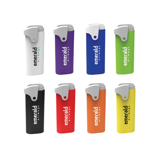 A collection of foldable toothbrushes in eight colours: white, purple, blue, green, black, orange, red, and yellow, with logos.