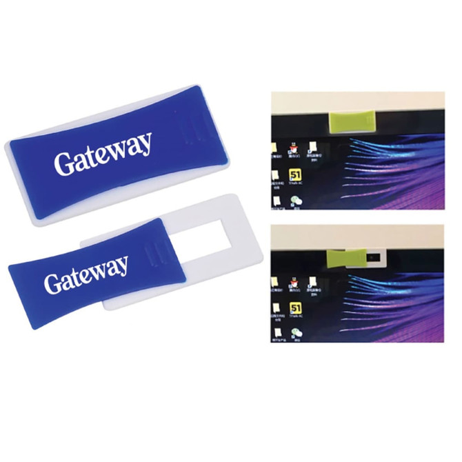 A blue webcam cover with a white slider mechanism, featuring a logo, against a background of computer screens.