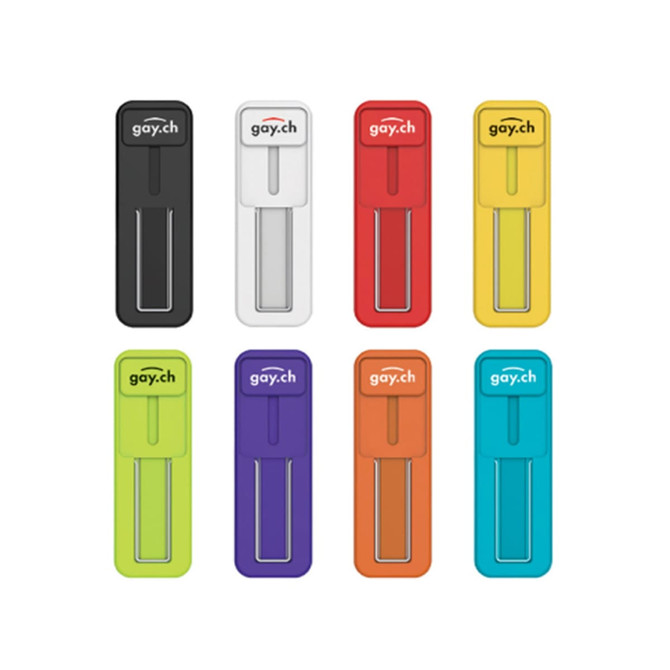 A collection of mobile stands in various colours: black, white, red, yellow, orange, green, purple, and blue. Each stand has a logo.