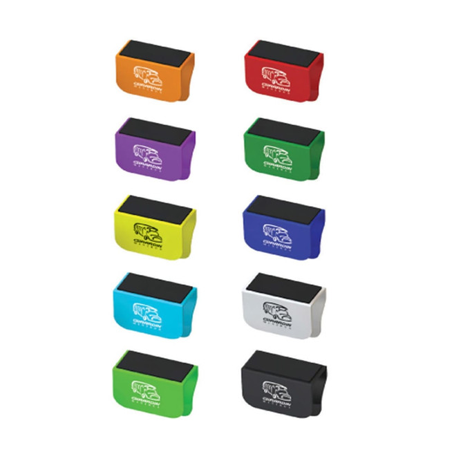 A set of colourful webcam covers in orange, purple, green, blue, and white, featuring a logo on each.