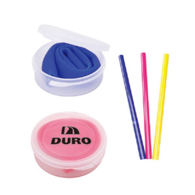 A drink bottle featuring three colourful drinking straws in pink, yellow, and blue, alongside a purple silicone storage container.