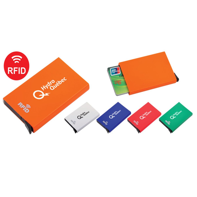 An orange RFID card holder with multiple coloured card slots, featuring a logo on the front.