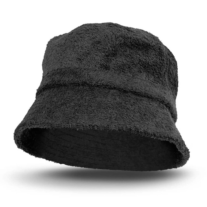 A black terry towelling bucket hat with a soft texture and a wide brim. It features a logo.