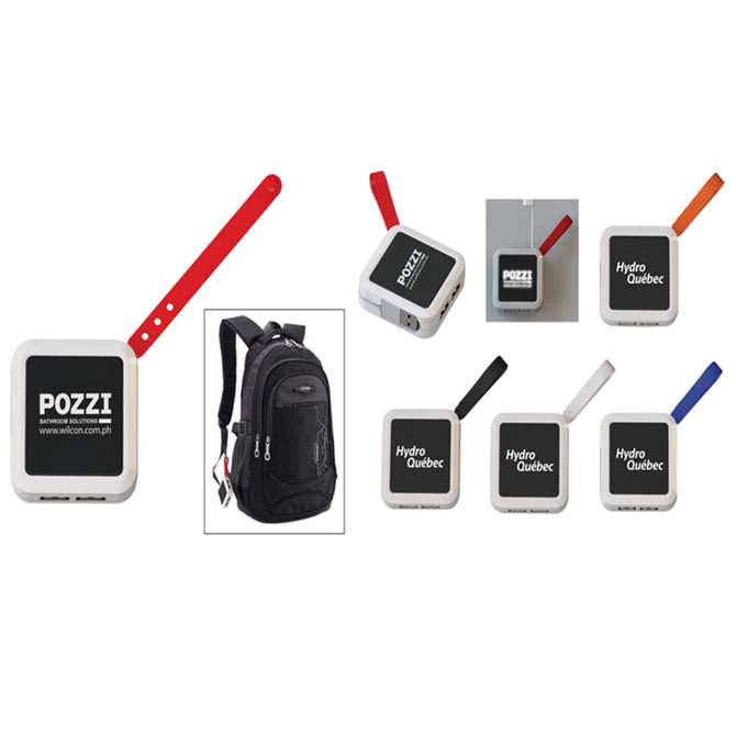 A USB hub with various coloured straps, featuring a logo on a white body. A black backpack is also included in the image.