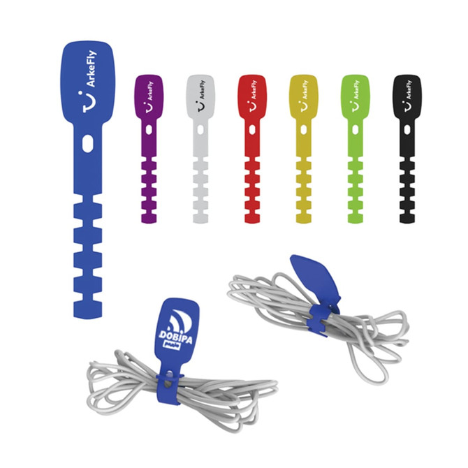 A set of multi-coloured cable organisers in blue, purple, red, green, black, and white for tidying cords.
