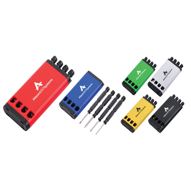 A set of multi-coloured tool sets in red, blue, green, yellow, and black, with multiple screwdrivers included.
