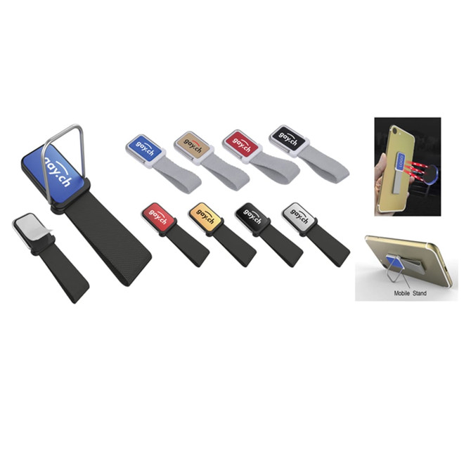 A range of mobile stands in various colours, featuring a silver bracket and fabric straps in multiple hues.