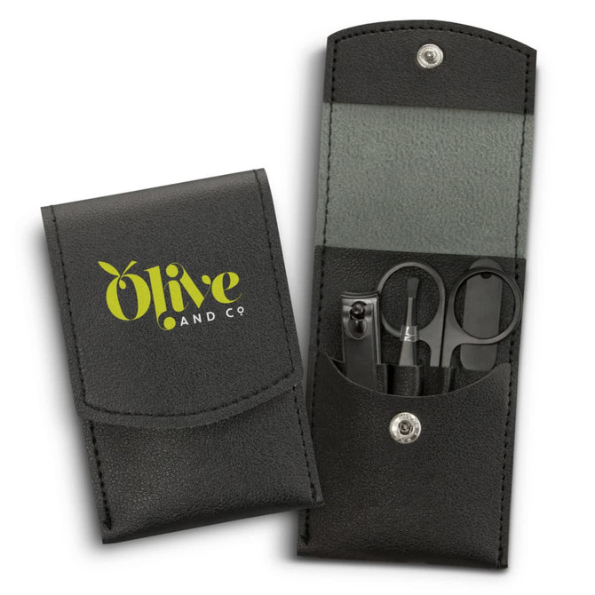 A black faux leather manicure set with tools including scissors, nail clippers, and a file, featuring a logo on the case.