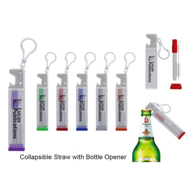 A collapsible straw set in various colours, featuring a bottle opener and a logo on the case.
