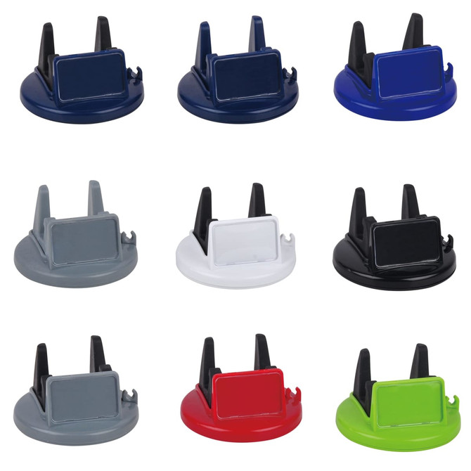 A collection of mobile stands in various colours: navy, grey, white, black, blue, and red, featuring a logo.