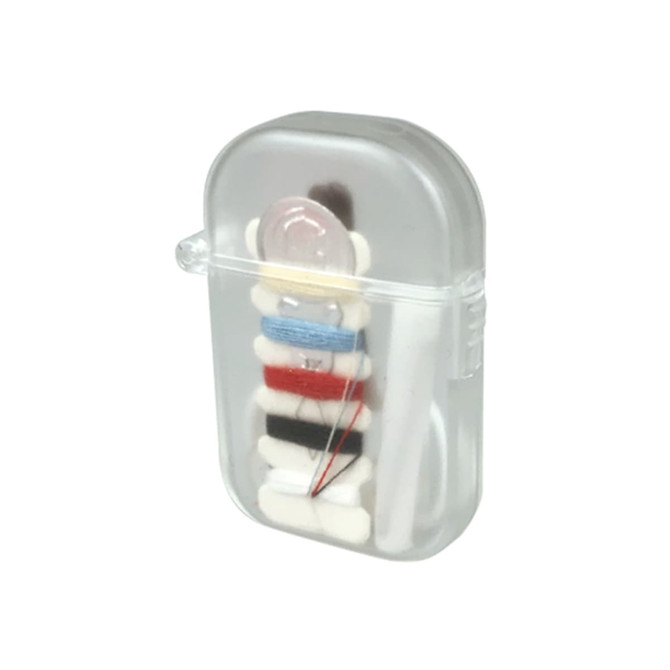 A clear sewing kit containing spools of thread in various colours and a needle, housed in a compact case.
