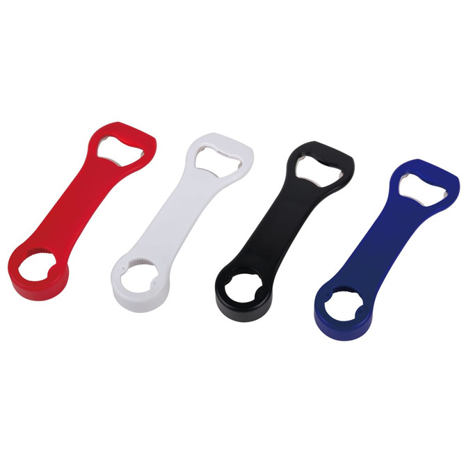 A drink bottle opener featuring four colours: red, white, black, and blue, each with a keyring design.