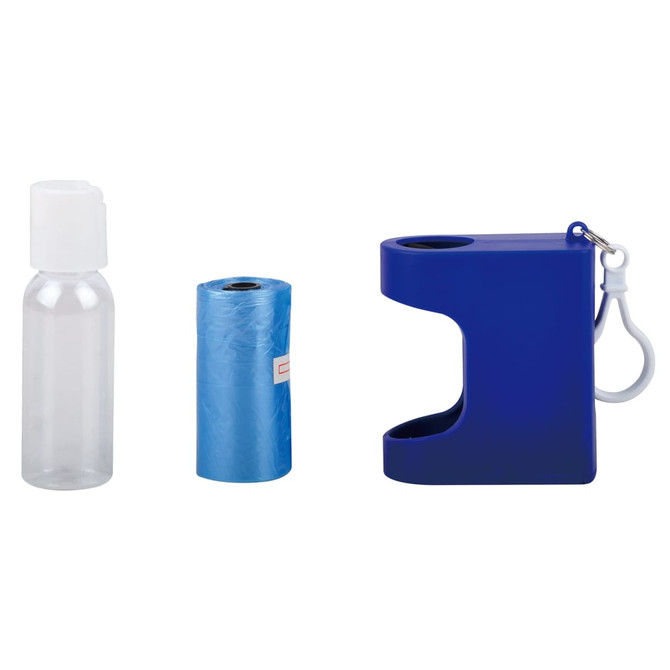 A clear drink bottle, blue rubbish bag roll, and a blue holder with a clip.