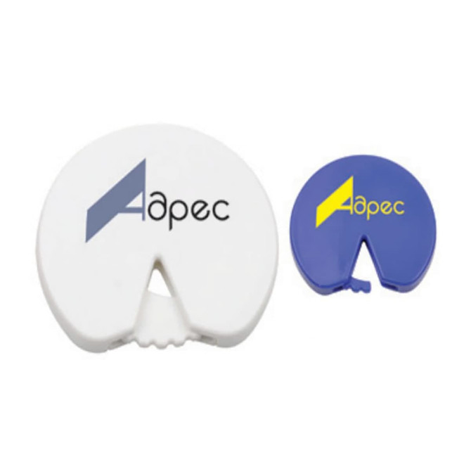 A white and blue bag clip, featuring a logo, in round and smaller versions.