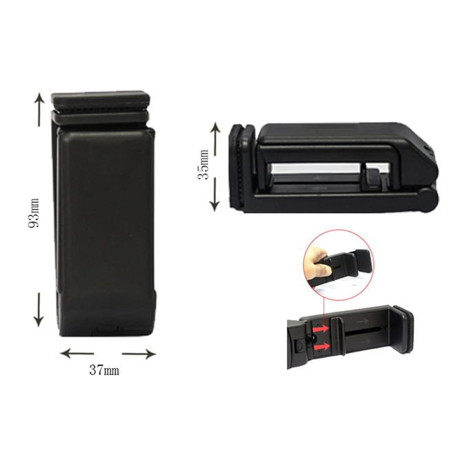 A compact black mobile stand with adjustable features, measuring 93mm by 37mm, and includes a branding logo.
