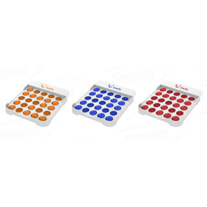 Three trays of the Pop Push Bubble product in orange, blue, and red, each featuring multiple push bubbles. Each tray has a logo.