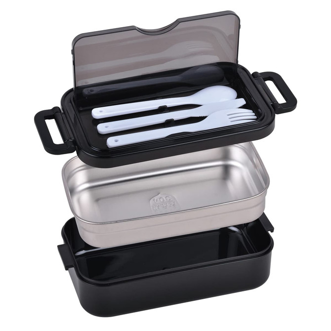 A black lunch box made of stainless steel featuring a transparent lid and a set of white knife and fork.