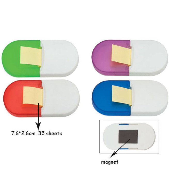 Memo pad holder with magnet, featuring four colours: green, red, purple, and blue, containing sticky notes.
