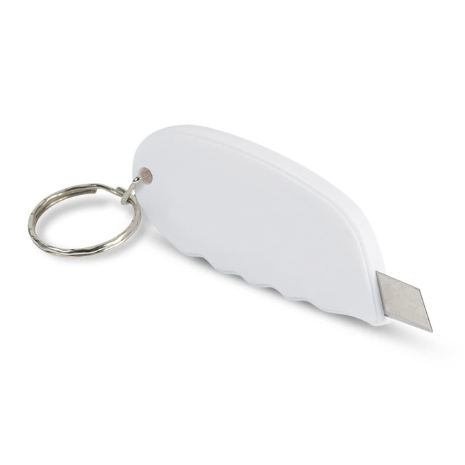 A Mini Cutter Key Ring featuring a sleek white design with a retractable blade and a metal key ring attachment.